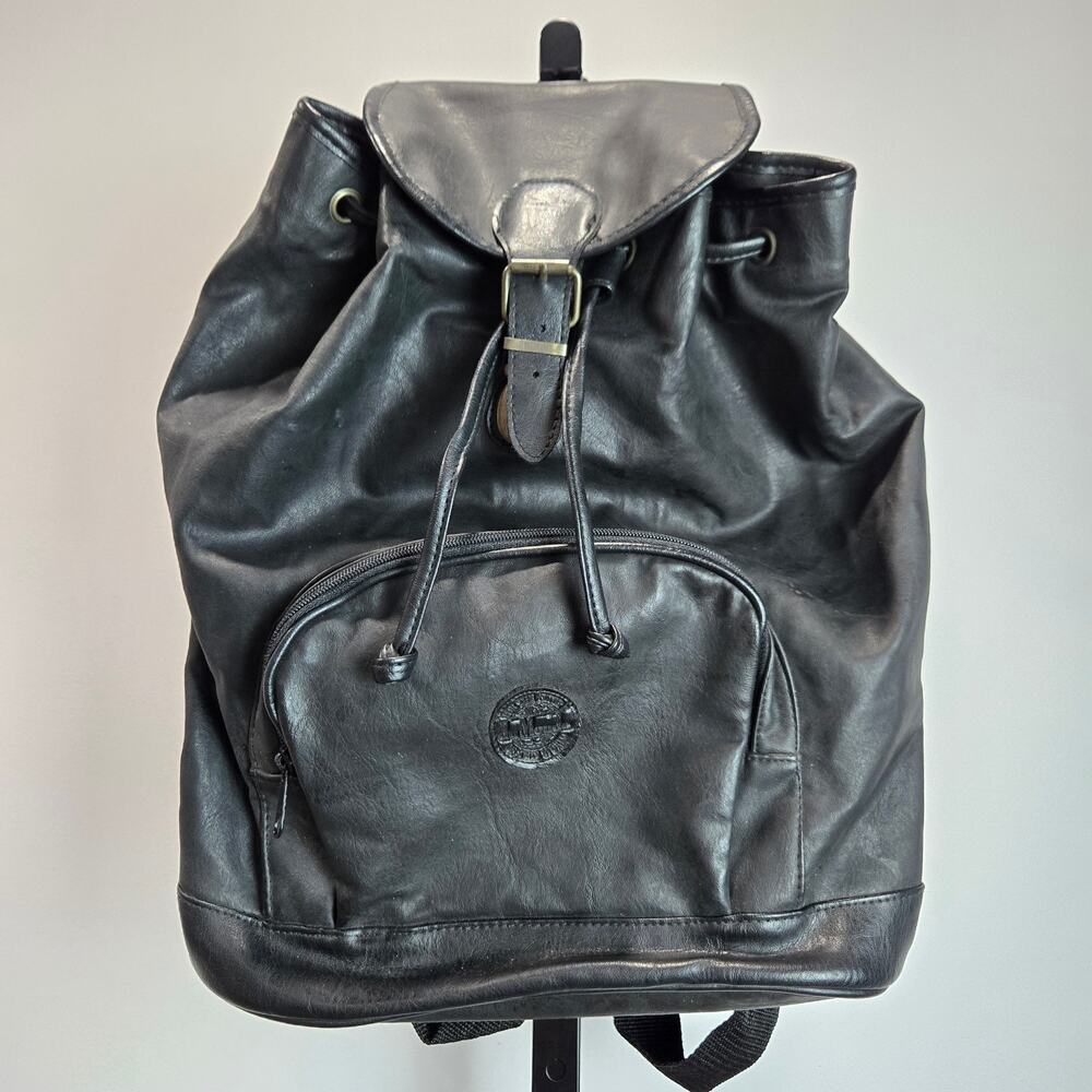 Du Monde Black Faux Leather Cinch Top Backpack Full Size Commuter Travel‎